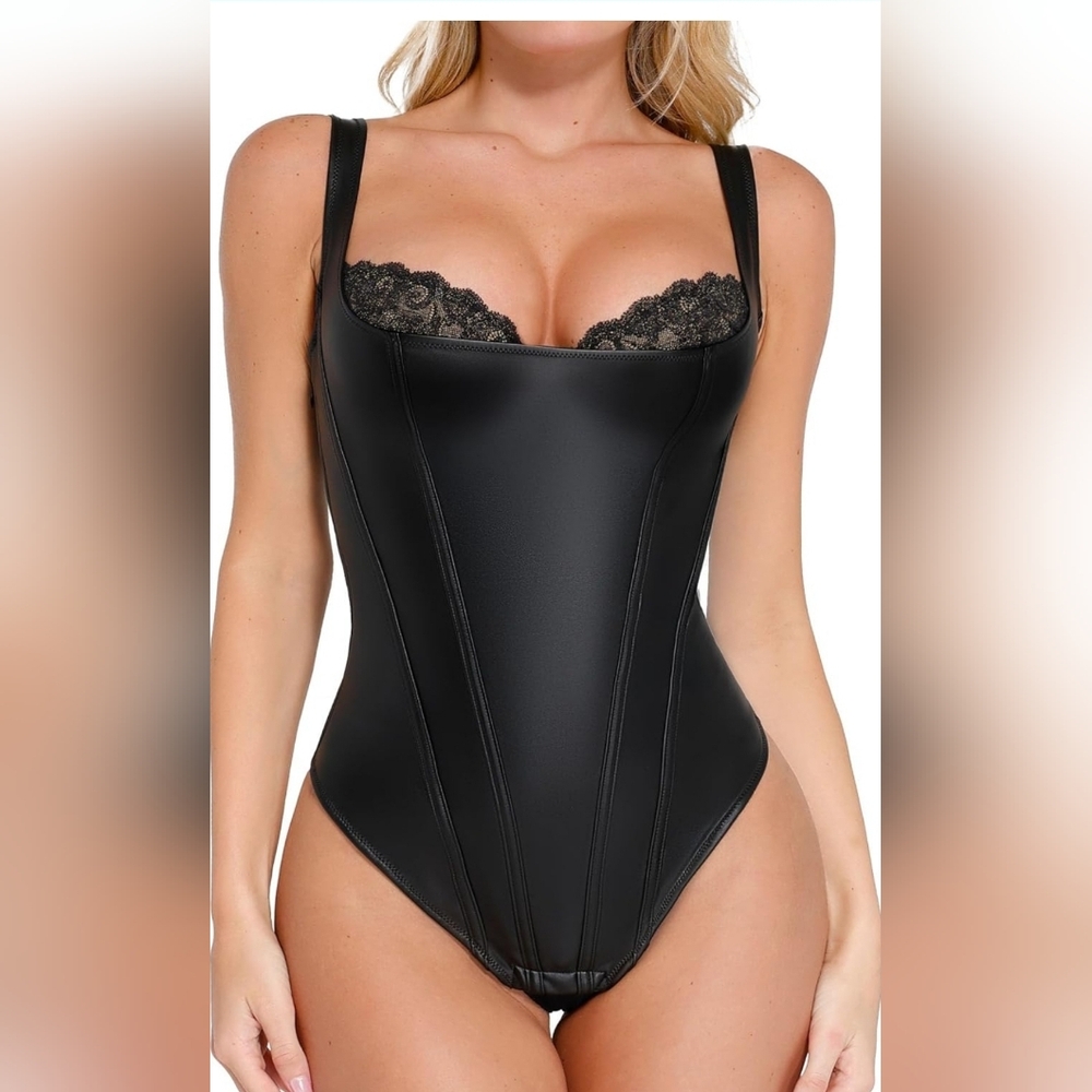 Popilush Black Lace & Faux Leather Trim Bodysuit